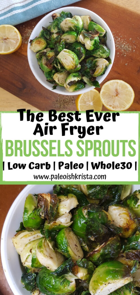 These Low Carb, Paleo and Whole30 Brussels Sprouts take just 10 minutes in an air fryer! This quick and easy side dish is an air fryer recipe must-have!