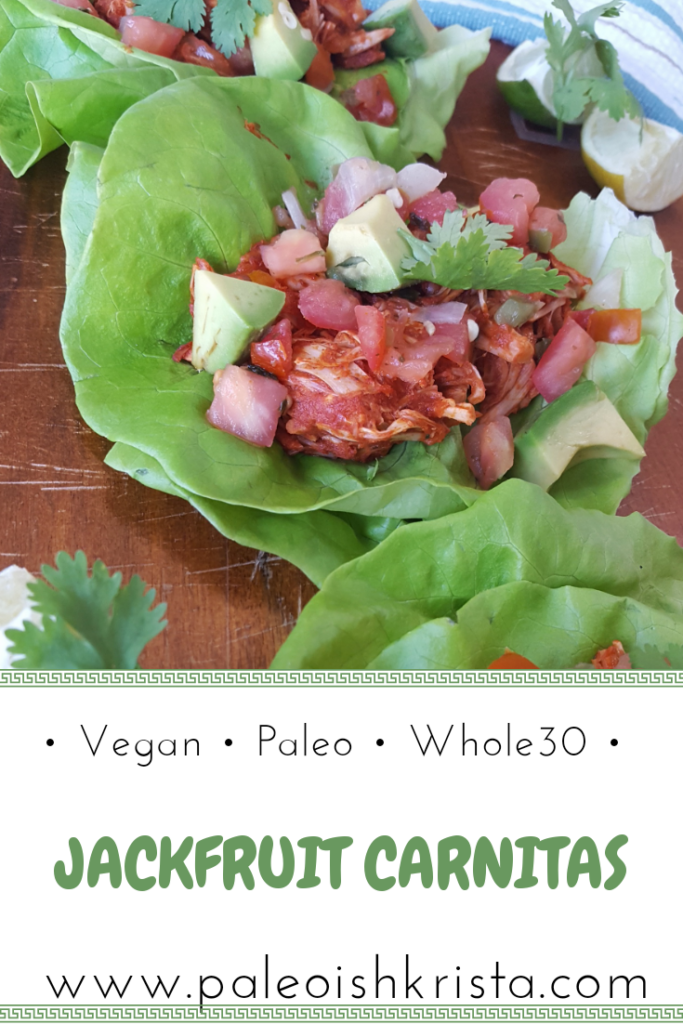 Vegan jackfruit is flavored to perfection with plenty of spice, broiled and then served Whole30 style in lettuce leaves and topped with avocado and pico de gallo.