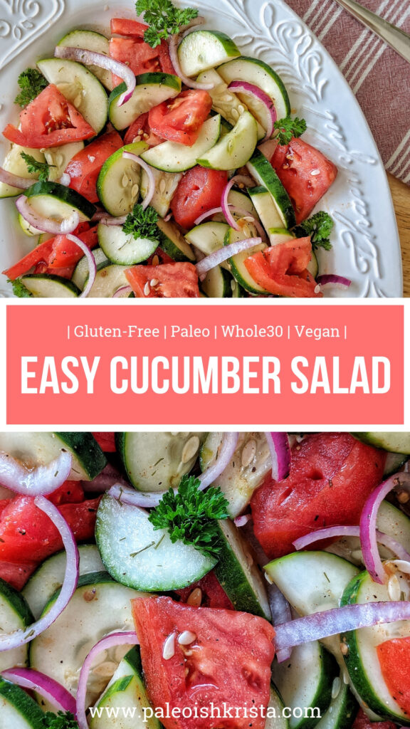 With just a handful of simple Whole30 compliant ingredients, you can throw this Easy Cucumber Salad together in no-time. Perfect to have on hand as a quick grab-and-go vegetable side dish during the work week or as beautiful dish to impress guests!