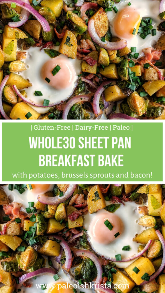 Have breakfast on the table in no time with this super simple Whole30 Sheet Pan Breakfast Bake loaded with hearty and nutritious ingredients like potatoes, brussels sprouts and bacon!