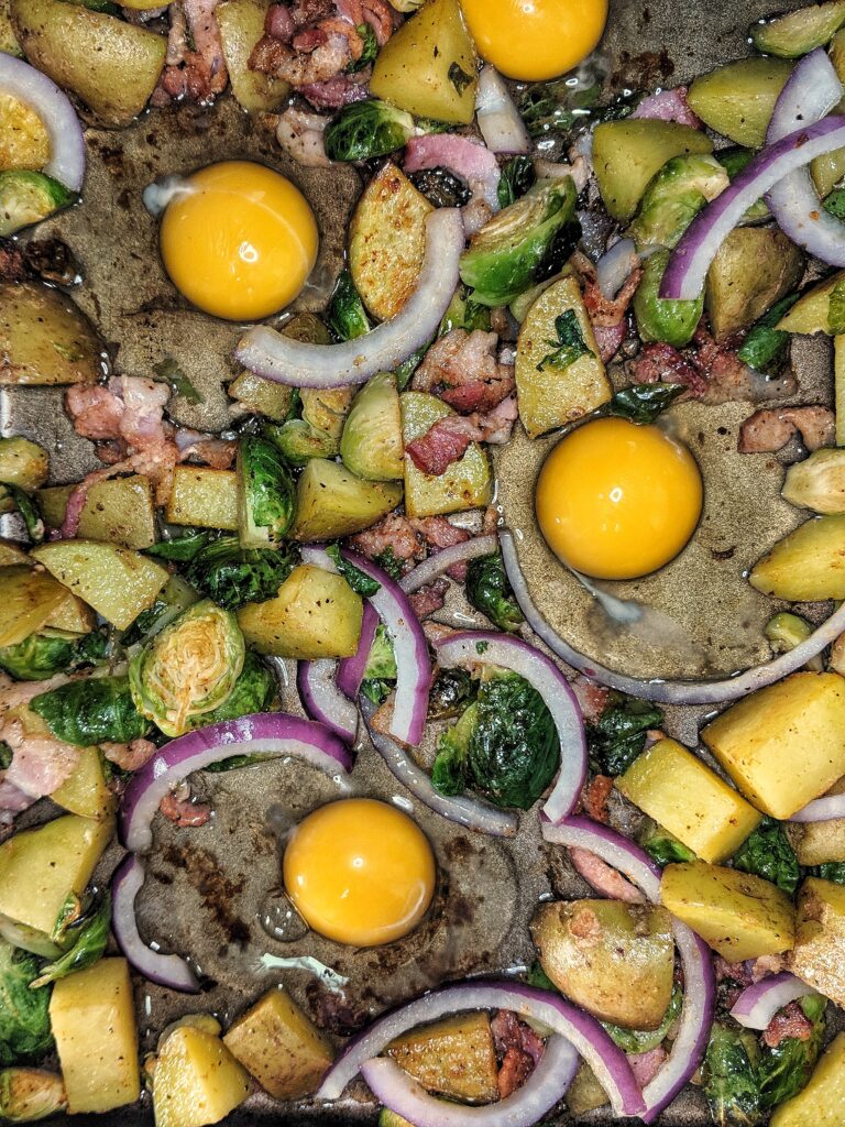 Whole30 Sheet Pan Breakfast Bake with Potatoes, Brussels Sprouts and Bacon