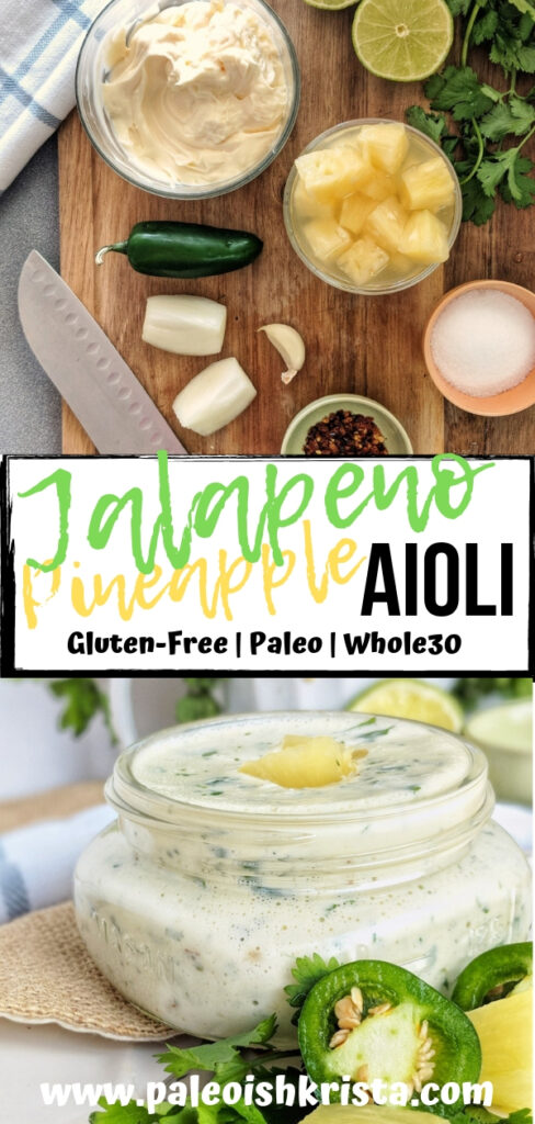 A handful of fresh and flavorful ingredients including jalapeno, pineapple, cilantro, onion and garlic take basic mayonnaise to the next level! This sweet and spicy Whole30 compliant dip and sauce is a great way to add delicious healthy fats to your plate while fighting food boredom!