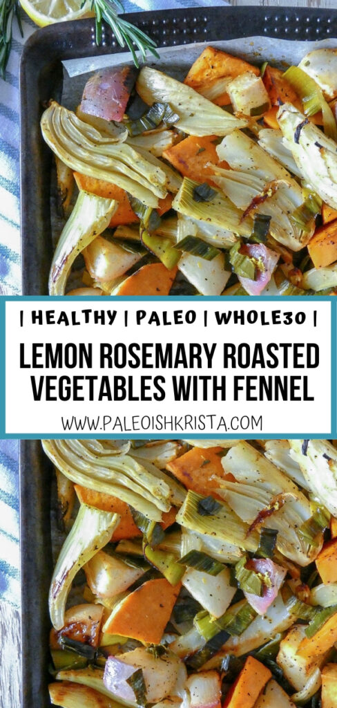 This colorful, healthy sheet pan of roasted vegetables features fennel, turnips, sweet potatoes and leeks. Made with Paleo and Whole30 compliant ingredients, this medley of vegetables is great as a simple weeknight side dish or as an addition to your Easter, Thanksgiving or Christmas table! 
