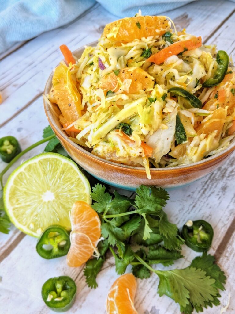 In as little as 5 minutes, you can have this delicious Paleo, Whole30 and Vegan Spicy Citrus Cilantro Coleslaw prepared and ready to serve alongside your favorite grilled meats or fish tacos!