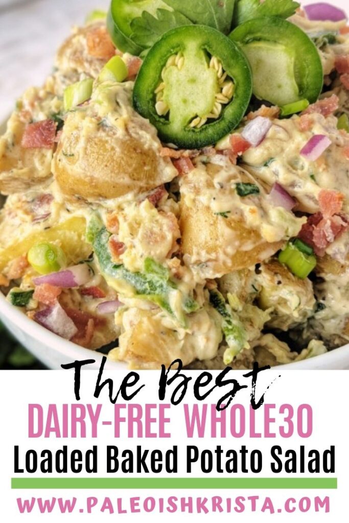 This creamy potato salad brings together the crave-worthy flavors of classic potato salad and a loaded baked potato all while being dairy-free and made with real food ingredients! | #paleoishkrista #dairyfree #whole30 #potatosalad #healthypotluckrecipes