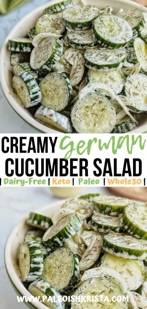 Great for potlucks and summertime BBQs, this dairy-free variation of traditional creamy German cucumber salad ("Gurkensalat") is also Paleo, Whole30 compliant and Keto-friendly!