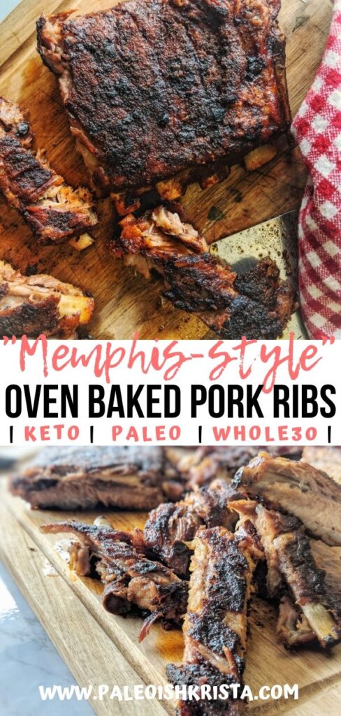 These fall-off-the bone "Memphis-Style" ribs taste like they've been smoking outdoors for hours yet they're cooked low and slow in the oven! | #paleoishkrista #memphisstylebbq #ketorecipes #paleorecipes #whole30recipes #bakedribs 