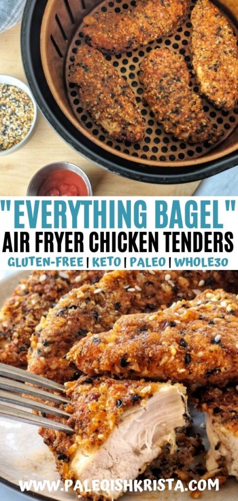 "Everything Bagel" seasoned chicken tenders can be crisped to perfection in an air fryer or baked in the oven. Crunchy on the outside and juicy on the inside, these homemade gluten-free tenders can't be beat!