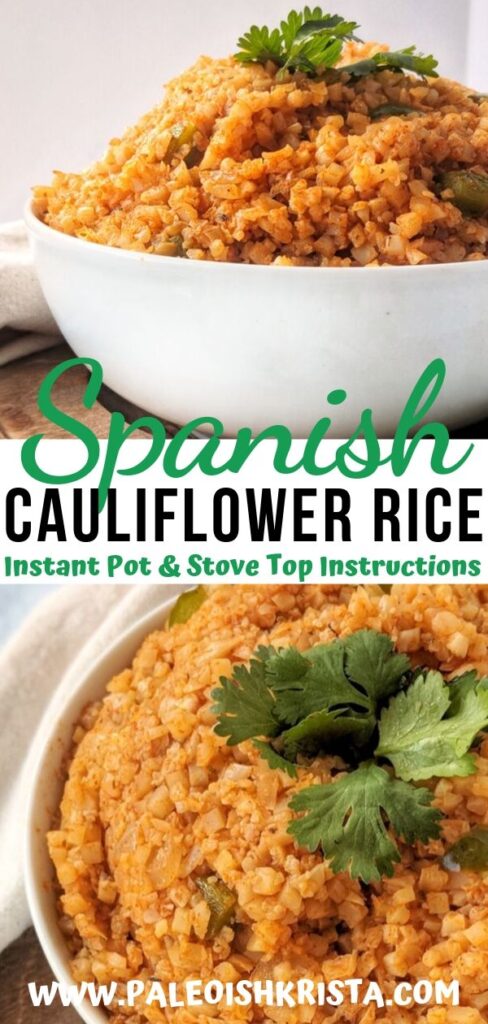 This delicious Spanish Cauliflower Rice recipe is an easy grain-free, Whole30 and Keto side dish to add to your favorite Mexican-inspired main meals! With just a few wholesome ingredients, you can make this veggie-packed side dish in an Instant Pot or on the stove top in minutes. It's the perfect addition to taco night, fajita night and so much more! #paleoishkrista #cauliflowerrice #whole30 #instantpot #keto #spanishrice #glutenfree 