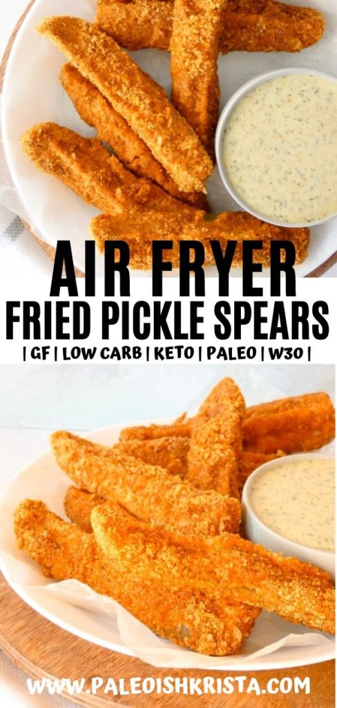 Air fried pickle spears are a great snack to serve during your next social gathering! These Keto, Paleo and Whole30 compliant fried pickles are coated in a perfectly seasoned almond flour breading before being "fried" to crispy golden perfection! | #paleoishkrista #airfryerfriedpickles # ketofriedpickles #paleofriedpickles #whole30friedpickles #ketoairfryerrecipes #paleoairfryerrecipes #whole30airfryerrecipes #almondflour #glutenfreeairfryerrecipes #thebestairfryerrecipes #healthyfriedpickles