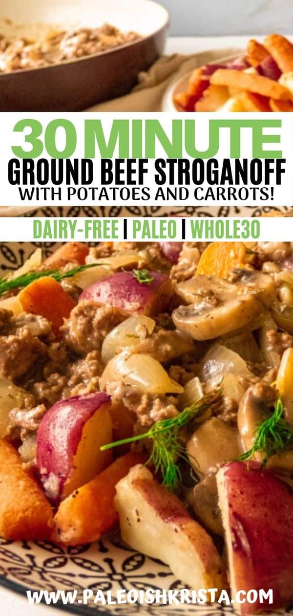 This Paleo & Whole30 version of classic beef stroganoff uses dairy-free coconut cream and dill to add tangy traditional flavors to a delicious dish. Served on top of buttery red potatoes and carrots, this is a great weeknight dinner the whole family will love! | #paleoishkrista #groundbeefrecipes #beefstroganoff #paleorecipes #whole30recipes #weeknightrecipes #glutenfreedinnerideas #comfortfood #cleaneatingrecipes #stroganoff #paleo #whole30 #easyrecipes #glutenfreerecipes #dairyfreerecipes
