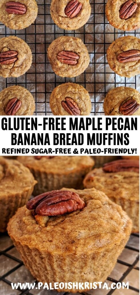 Gluten-free moist and delicious banana bread muffins are kicked up a notch with the sweetness of maple syrup and the crunch of pecans. These healthy Maple Pecan Banana Bread Muffins are the perfect on-the-go breakfast, after school snack and refined sugar-free dessert! | #paleoishkrista #paleomuffins #glutenfreebananabread #paleobananabread #coconutflourrecieps